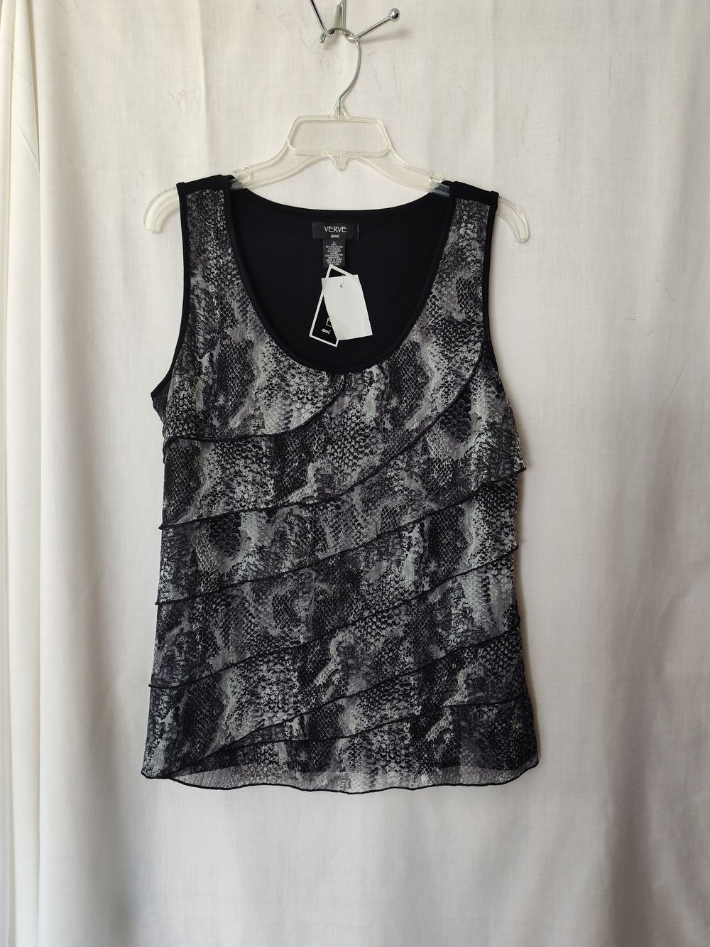 NWT Verve Ami Black & White Snake-Print Ruffle Tank Top, Size L